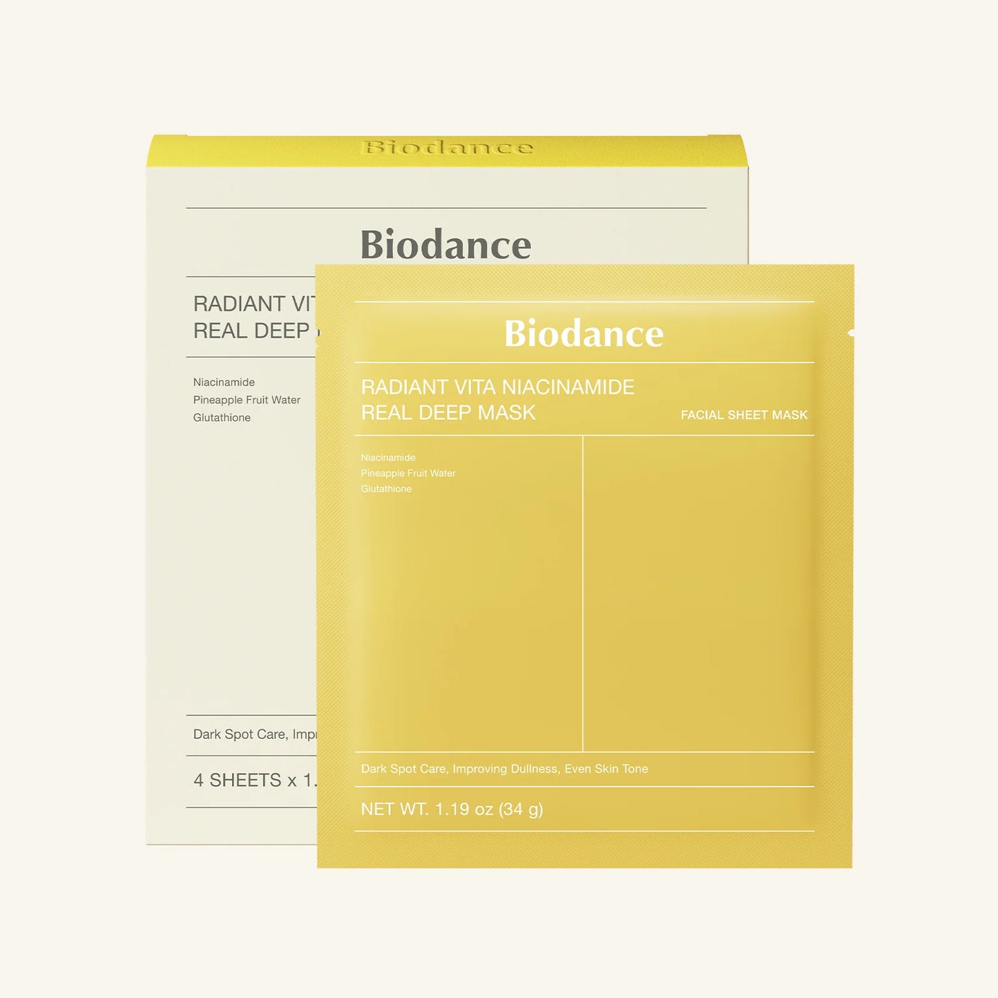 Biodance Radiant Vita Niacinamide Real Deep Mask 4бр × 34 г – корейска озаряваща дълбоко подхранваща маска с ниацинамид