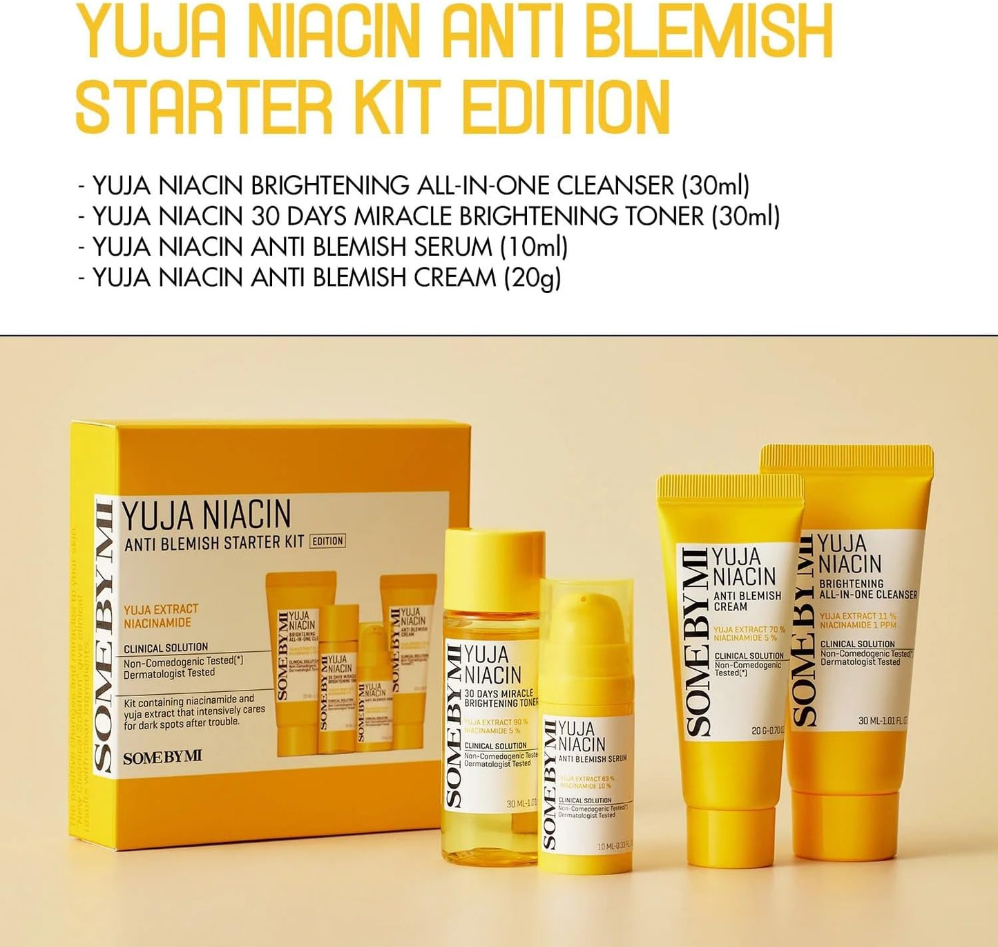 SOME BY MI Yuja Niacin Anti-Blemish Starter Kit – комплект за изсветляване и хиперпигментации (почистващ гел, тонер, серум, крем).