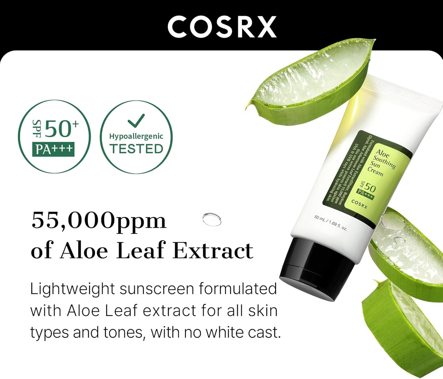 COSRX Aloe Soothing Sun Cream SPF50+ PA+++ 50 мл – корейски слънцезащитен крем с алое за чувствителна кожа